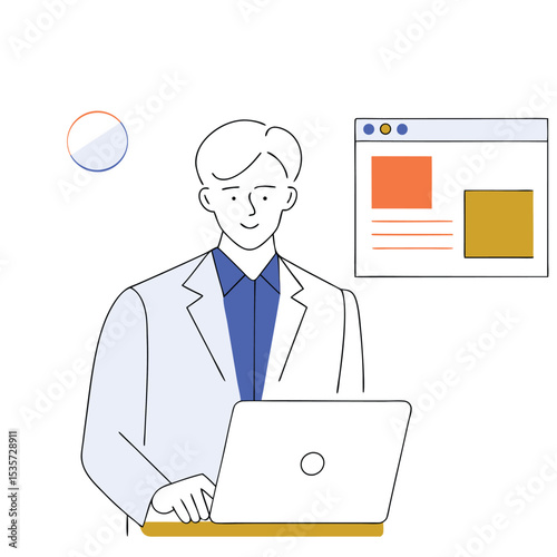 Smiling Caucasian man works on laptop with website design near him