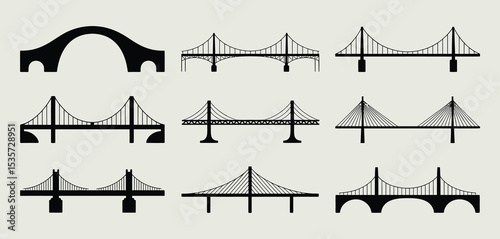 Twelve Different Types of Bridges Vector Illustrations