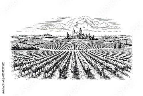 Vintage Vineyard Landscape Illustration – Hand-Drawn Winery Fields with Countryside Estate

