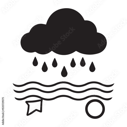 Black and white rain cloud over water icon
