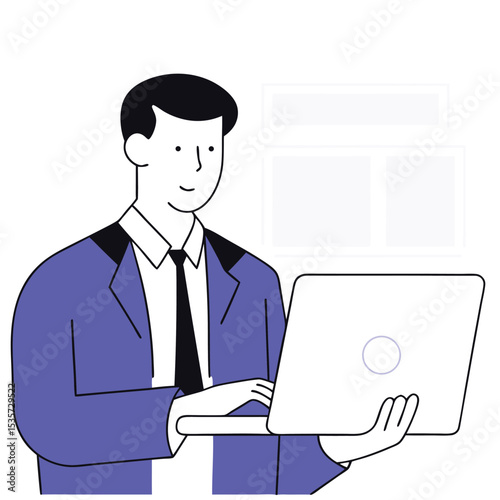 Businessman in suit uses laptop while standing near abstract data screen