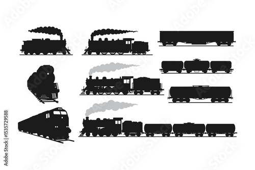 Vintage Train Silhouettes Collection – Steam Engines, Cargo Cars, and Locomotive Vector Icons

