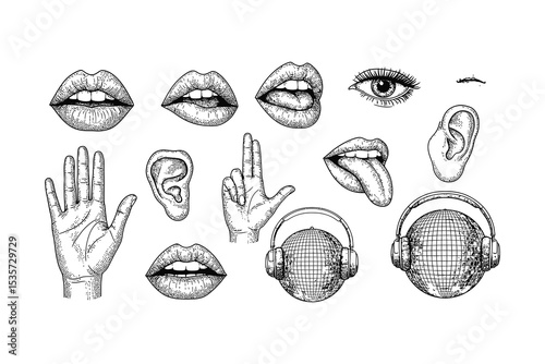 Vintage Engraving of Human Senses – Mouth, Ear, Eye, Tongue, Hand, and Headphones Illustration

