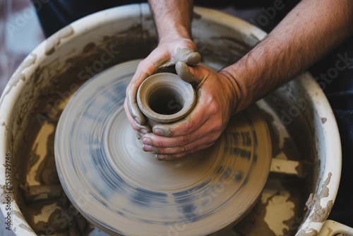 Skilled hands shaping clay on a pottery wheel creating a unique ceramic piece a craft process