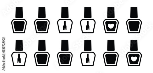 Twelve Nail Polish Bottles Icon Set Black and White Design