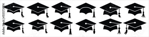 graduation cap icon set vector silhouette on white background.