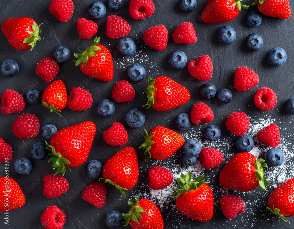 Obraz premium Strawberries, blueberries, and raspberries on dark stone surface. Top view with moody light for dessert, menu, or packaging