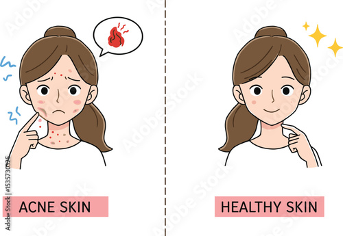 Comparison of Acne Skin and Healthy Skin: Illustrative depiction of a woman with acne versus glowing, healthy skin, emphasizing skincare differences and beauty