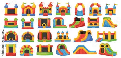 Collection of Colorful Inflatable Bounce Houses and Slides
