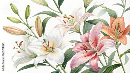 Watercolor Lilies Botanical Composition of White, Pink and Orange Lilies, Floral Art, Flower Painting, Lily Illustration Lily, Watercolor, Botanical Art