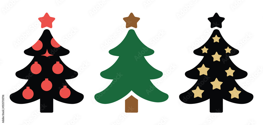 Three Simple Christmas Trees with Ornaments and Stars Three Simple Christmas Trees with Ornaments and Stars