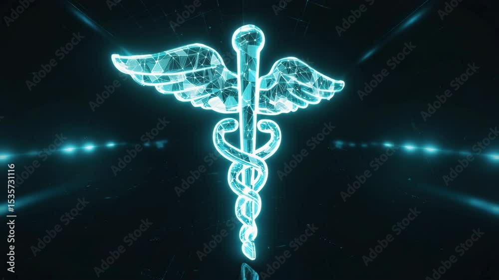 Digital holographic medical caduceus symbol glowing in blue with a polygonal design on a dark futuristic background, symbolizing advanced healthcare, medical technology, and innovation, medicine icon.