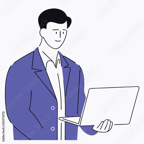 Young man in a blue blazer holds a laptop in a minimalist outline style