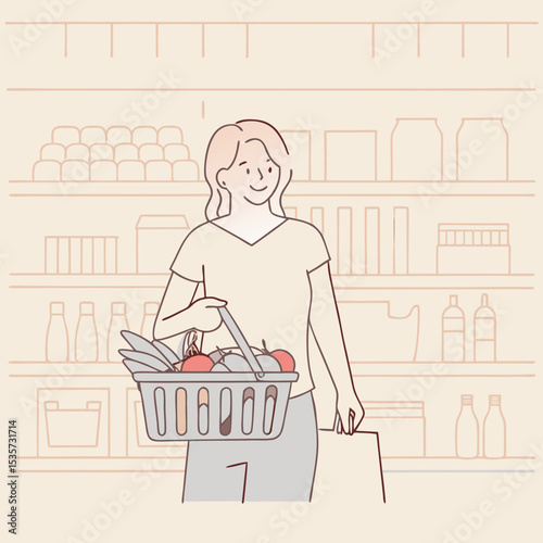  Happy woman looking at product at grocery store  vector design illustrations