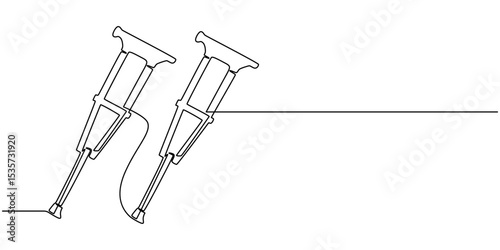 crutches continuous one line drawing, one line drawing crutches for support of injured and elderly people. Medical equipment concept, Continuous one single line drawing of modern elbow crutch, Single