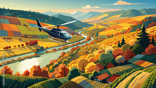 Germany, Rhineland-Palatinate, Helicopter panorama of Moselle river and surrounding vineyards in autumn .Very beautiful