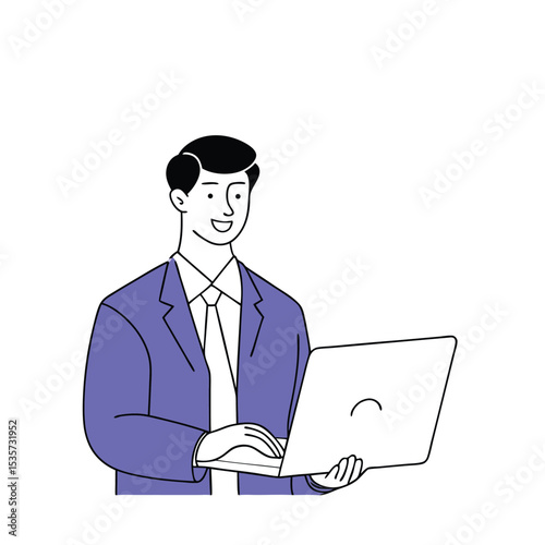 Smiling professional man in jacket holding laptop and typing looks engaging and friendly