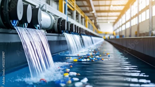 Industrial facility shows cascading water cleaning colorful plastic pellets in a long trough, sunlight and water management equipment.