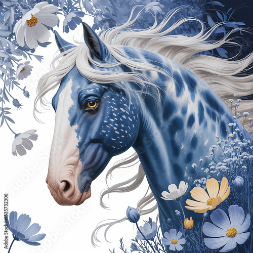 Blue Roan Horse Portrait with Cosmos Flowers
