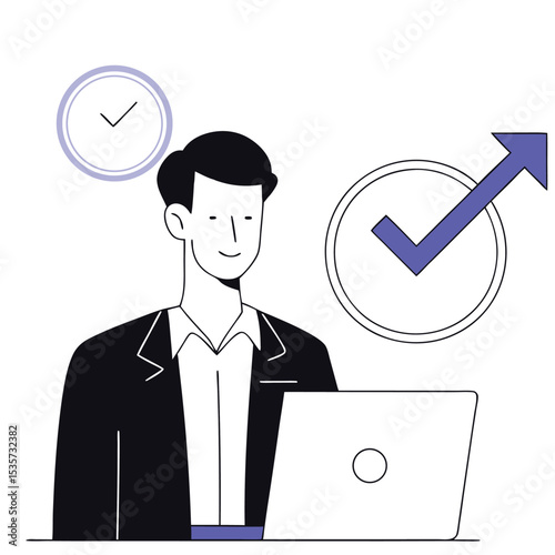 Smiling darkhaired professional works by a laptop near blue success and time icons