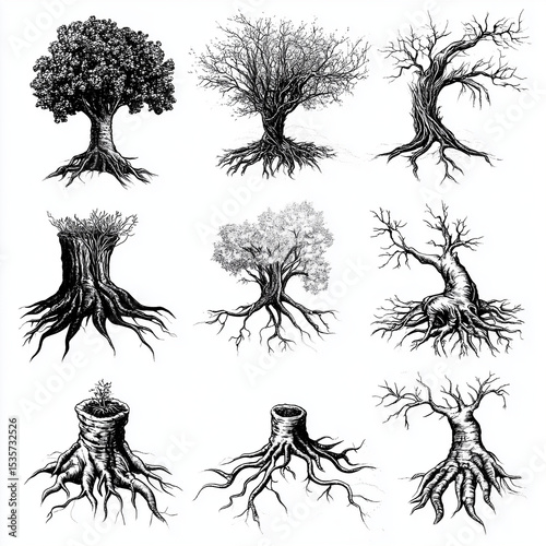 Various minimalist black and white illustrations of tree roots and plant growth, featuring natural underground structures, branching patterns, and botanical life elements in a clean linear art style

