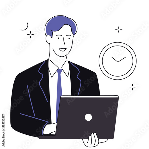 Smiling businessman works on his laptop next to a clock, promoting time management