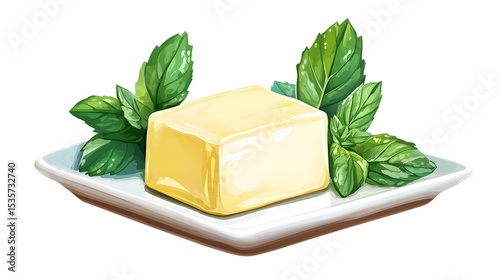 Butter pat on a square plate surrounded by fresh mint leaves in bright illustration
