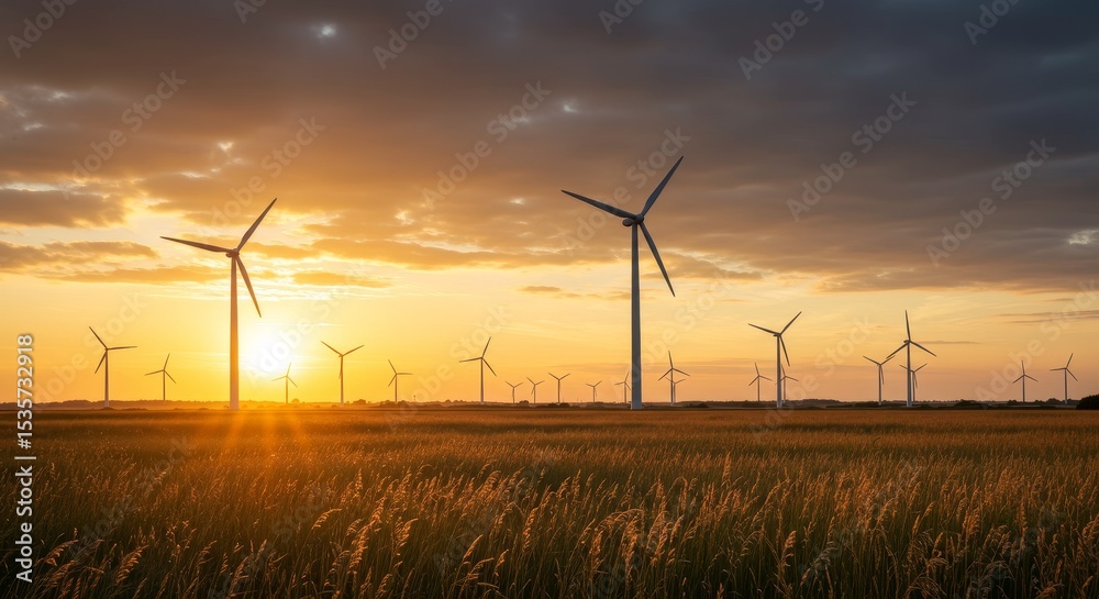 Obraz premium Golden Sunset Over Wind Farm - Scenic view of wind turbines silhouetted against a vibrant sunset over a golden field. Clean energy and renewable resources concept