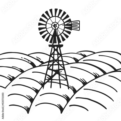 Windmill Black and White Vector Graphic Illustration