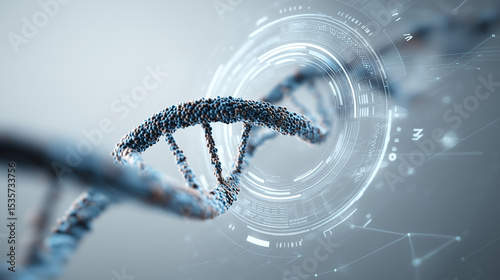 Sterile high-tech background with DNA strands and medical interface design.