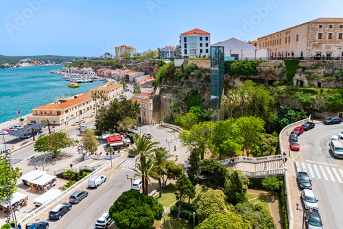 panoramic view of harbor of the city of mahon, spain