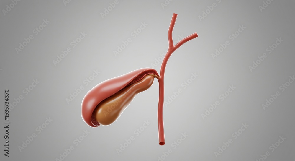 Fototapeta premium Detailed 3D model of the human gallbladder anatomical structure showing its location and connection to the biliary system.