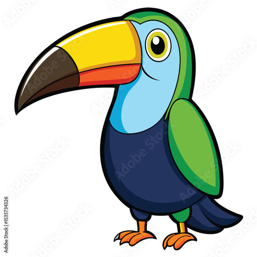 A colorful toucan with a prominent beak, looking inquisitively and vibrant.