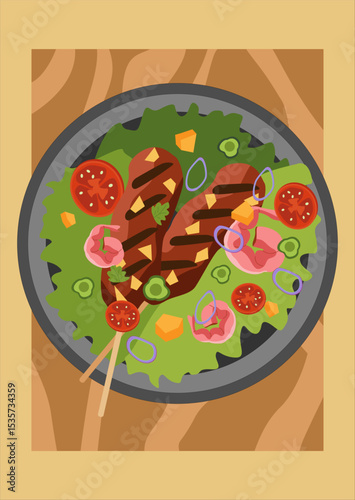 Salad with grilled meat kebab, shrimp, tomato, onion and avocado. Served on a plate with wooden background. Suitable for food menu, recipe, lunch ideas or nutrition content