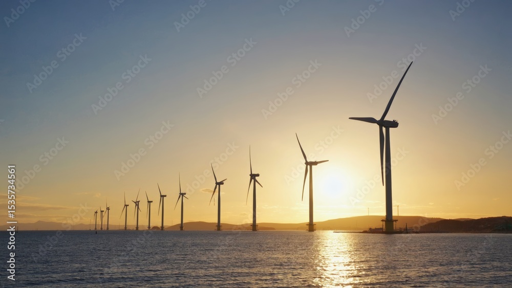 Obraz premium Offshore wind turbines stretch across the calm sea at sunset, their blades turning slowly against the golden sky, symbolizing clean energy, sustainability and the future of renewable power generation.