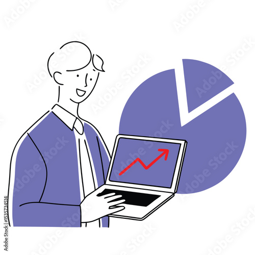 Smiling man with laptop displays rising market trend and pie chart insight