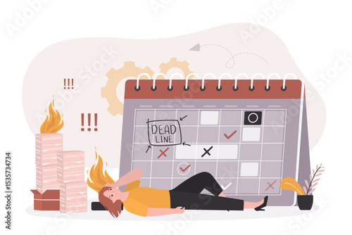 Calendar with notifications. Bad time management, concept. Burnout, tired business woman lying near planner. Deadline, last call. Planning and scheduling. Ineffective workflow,
