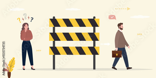 Barrier to business development. Dead end in career. Businesswoman thinking about career ladder, overcoming obstacles. Confident man walking in right way,