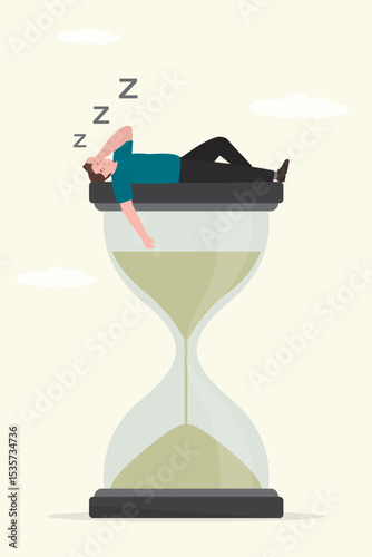 Sleep time or bedtime for human to relax and recover from tried and exhausted, restful or comfort sweet dream concept, healthy young man sleeping on giant sandglass