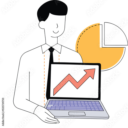 Smiling businessman holds a laptop showing an upward trending arrow with yellow chart