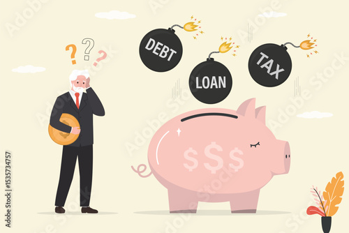 Bombs of loan, debt and crisis fall on piggy bank of savings. Unhappy elderly businessman watches his savings being destroyed. Inflation or crisis destroys pension or retirement savings