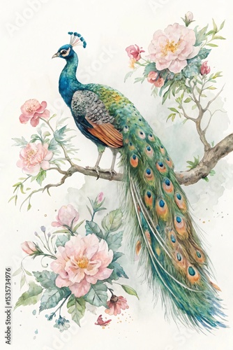 Watercolor peacock with pink roses and flowers