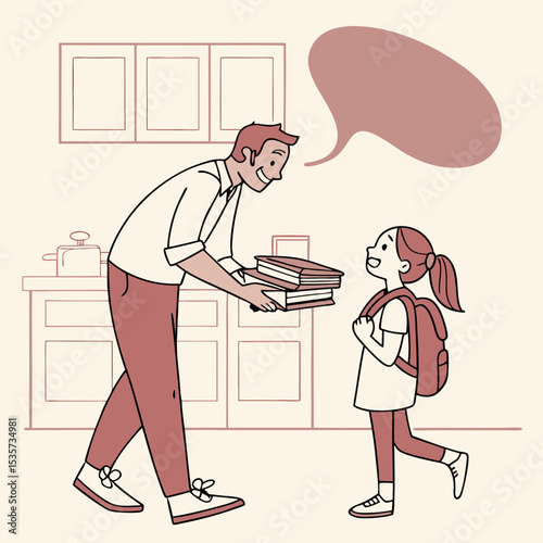 Happy family preparing for school. Little girl with father vector design illustrations