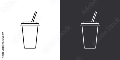 Outline Disposable Cup with Lid and Straw Icon – Black and White Version