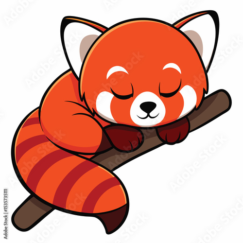 A cute red panda curled up sleeping on an invisible branch, peaceful and adorable.