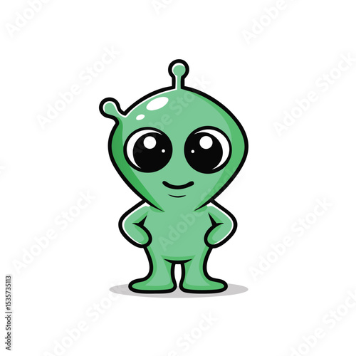 Friendly Green Alien Character with Big Eyes and a Cute Smile Standing Confidently on a White Background