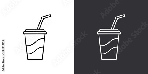 Outline Disposable Cup with Lid and Straw Icon – Black and White Version