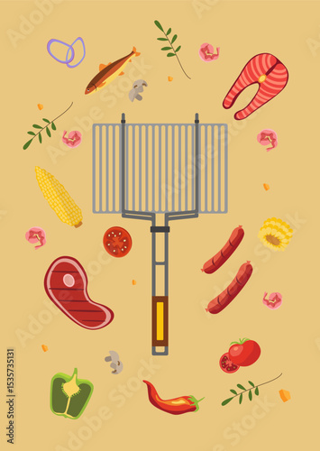 Grill grate with meat, fish, vegetables, and herbs arranged around it. Includes steak, sausages, corn, and chili. Suitable for BBQ, picnic or food related designs.