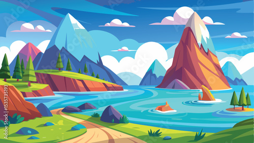 Colorful Cartoon Landscape Featuring Mountains, Water, Trees, and Winding Path Scenery Illustration