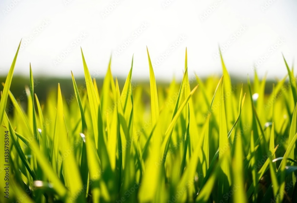 Fototapeta premium Grass blades illuminated by sunlight, showcasing vibrant green hues, renewable energy, leaves
